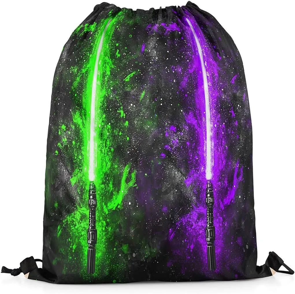 Erosebridal Lightsaber Drawstring Bags 13x15.7, Neon Green Purple Draw String Back Bag,Galaxy Starry Sky Drawstring Backpack Fashion Games Light Sword Cinch Bag for Shopping Pool Beach