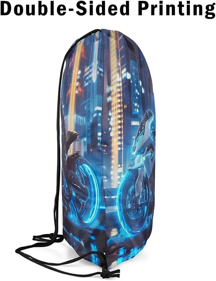 Erosebridal Motorcycle 13x15.7 Drawstring Backpack, Blue Glowing Neon Lights Motocross Rider Drawstring Bags, Fashionable Night City Style Draw String Back Bag, Extreme Game Theme String Backpack