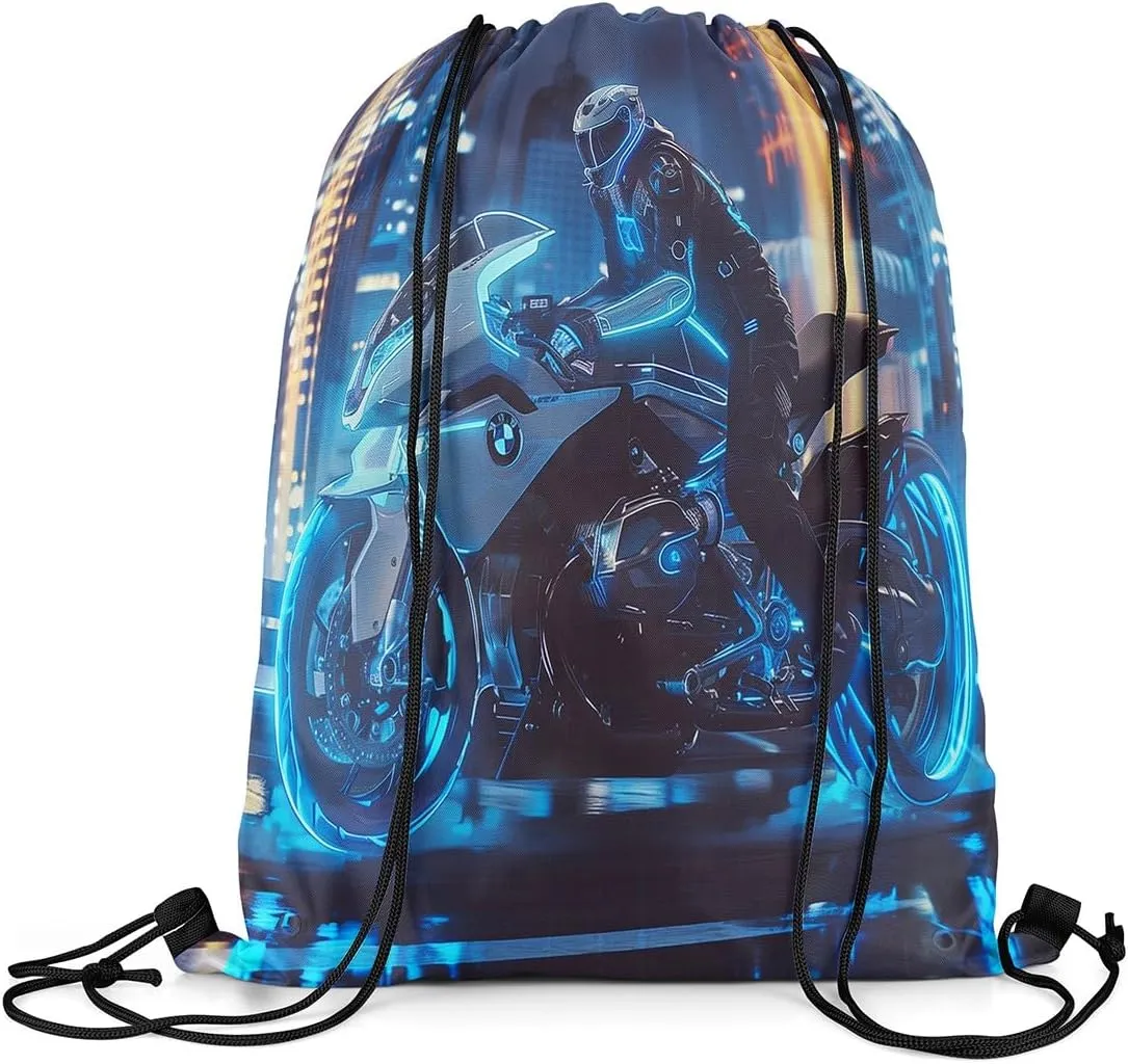 Erosebridal Motorcycle 13x15.7 Drawstring Backpack, Blue Glowing Neon Lights Motocross Rider Drawstring Bags, Fashionable Night City Style Draw String Back Bag, Extreme Game Theme String Backpack