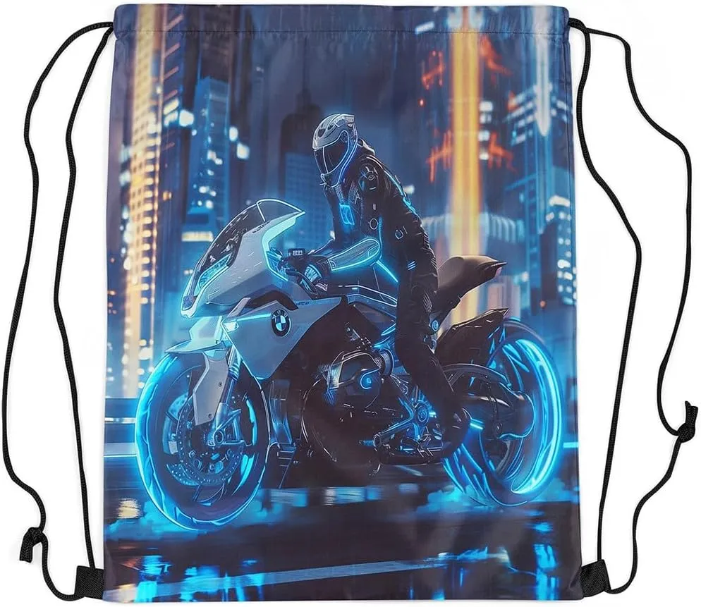 Erosebridal Motorcycle 13x15.7 Drawstring Backpack, Blue Glowing Neon Lights Motocross Rider Drawstring Bags, Fashionable Night City Style Draw String Back Bag, Extreme Game Theme String Backpack