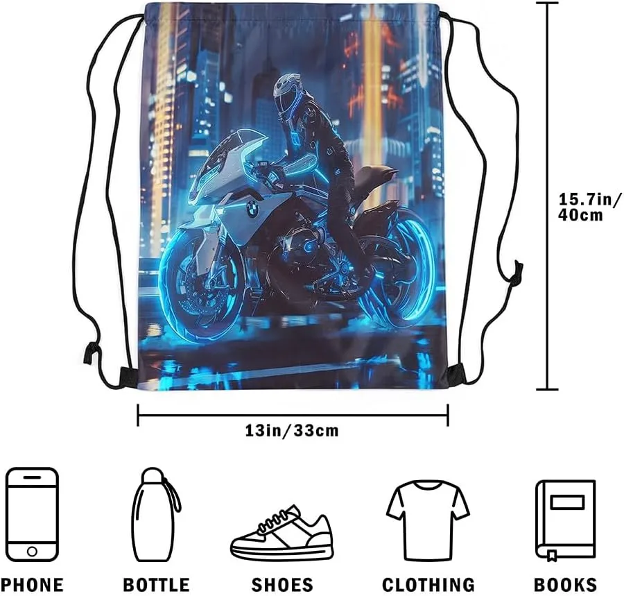 Erosebridal Motorcycle 13x15.7 Drawstring Backpack, Blue Glowing Neon Lights Motocross Rider Drawstring Bags, Fashionable Night City Style Draw String Back Bag, Extreme Game Theme String Backpack