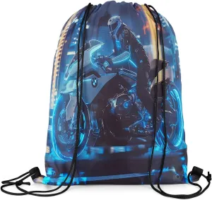 Erosebridal Motorcycle 13x15.7 Drawstring Backpack, Blue Glowing Neon Lights Motocross Rider Drawstring Bags, Fashionable Night City Style Draw String Back Bag, Extreme Game Theme String Backpack