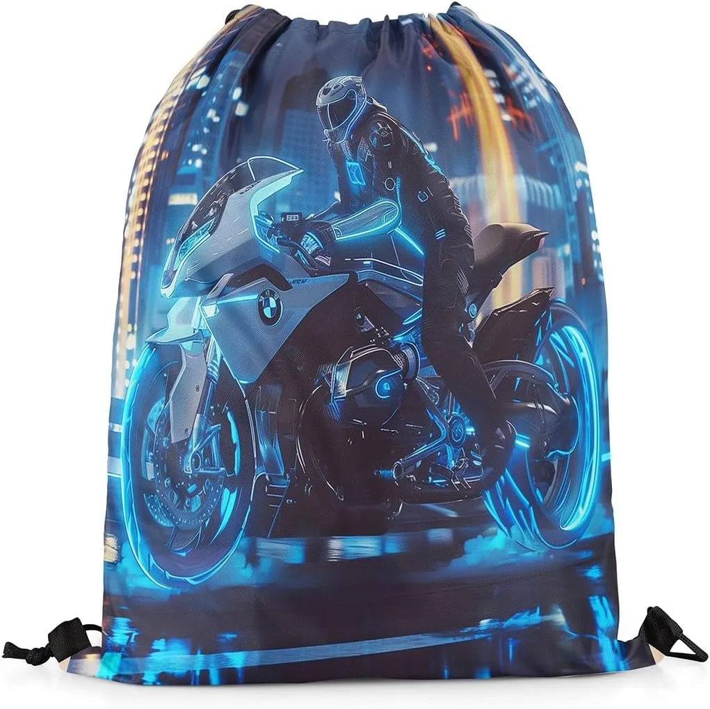 Erosebridal Motorcycle 13x15.7 Drawstring Backpack, Blue Glowing Neon Lights Motocross Rider Drawstring Bags, Fashionable Night City Style Draw String Back Bag, Extreme Game Theme String Backpack