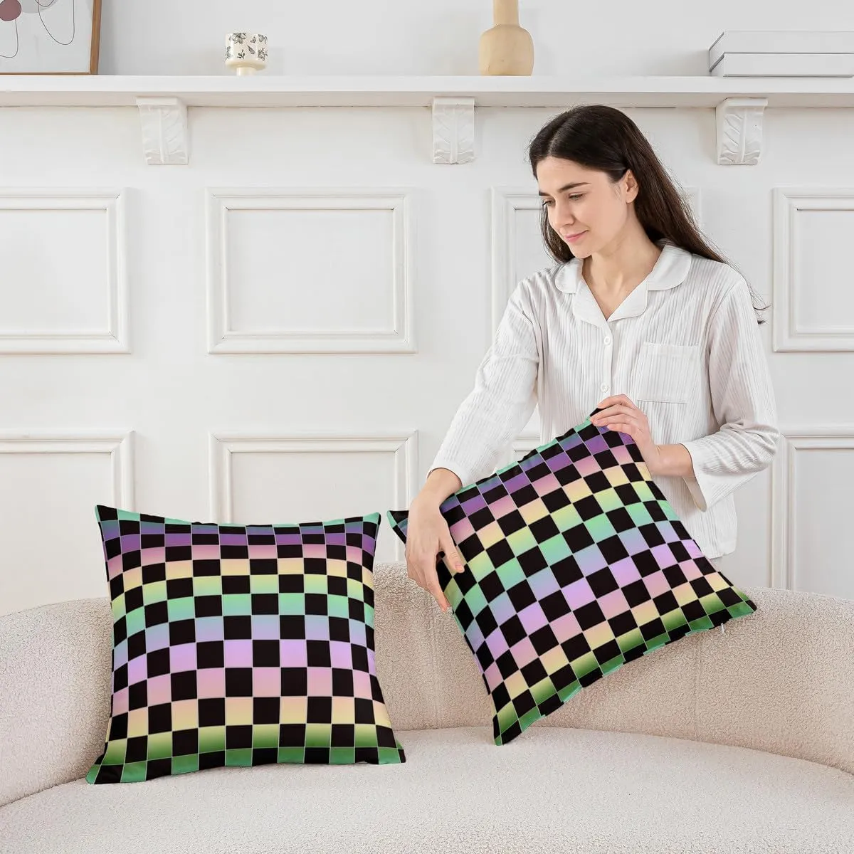 Erosebridal Ombre Grid Pillow Covers 24x24 Inch Set of 2,Buffalo Plaid Throw Pillow Covers,Green Yellow Purple Checkered Decorative Accent Pillow Cases,Geometry Gradient Pillow Inserts Not Included
