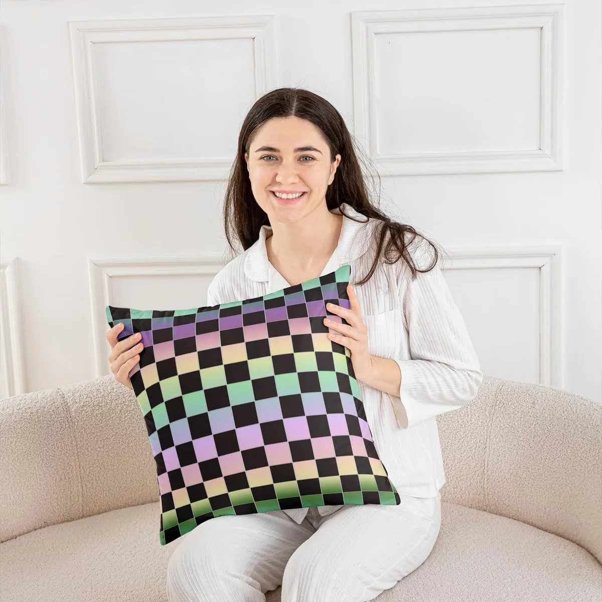 Erosebridal Ombre Grid Pillow Covers 24x24 Inch Set of 2,Buffalo Plaid Throw Pillow Covers,Green Yellow Purple Checkered Decorative Accent Pillow Cases,Geometry Gradient Pillow Inserts Not Included