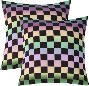 Erosebridal Ombre Grid Pillow Covers 24x24 Inch Set of 2,Buffalo Plaid Throw Pillow Covers,Green Yellow Purple Checkered Decorative Accent Pillow Cases,Geometry Gradient Pillow Inserts Not Included