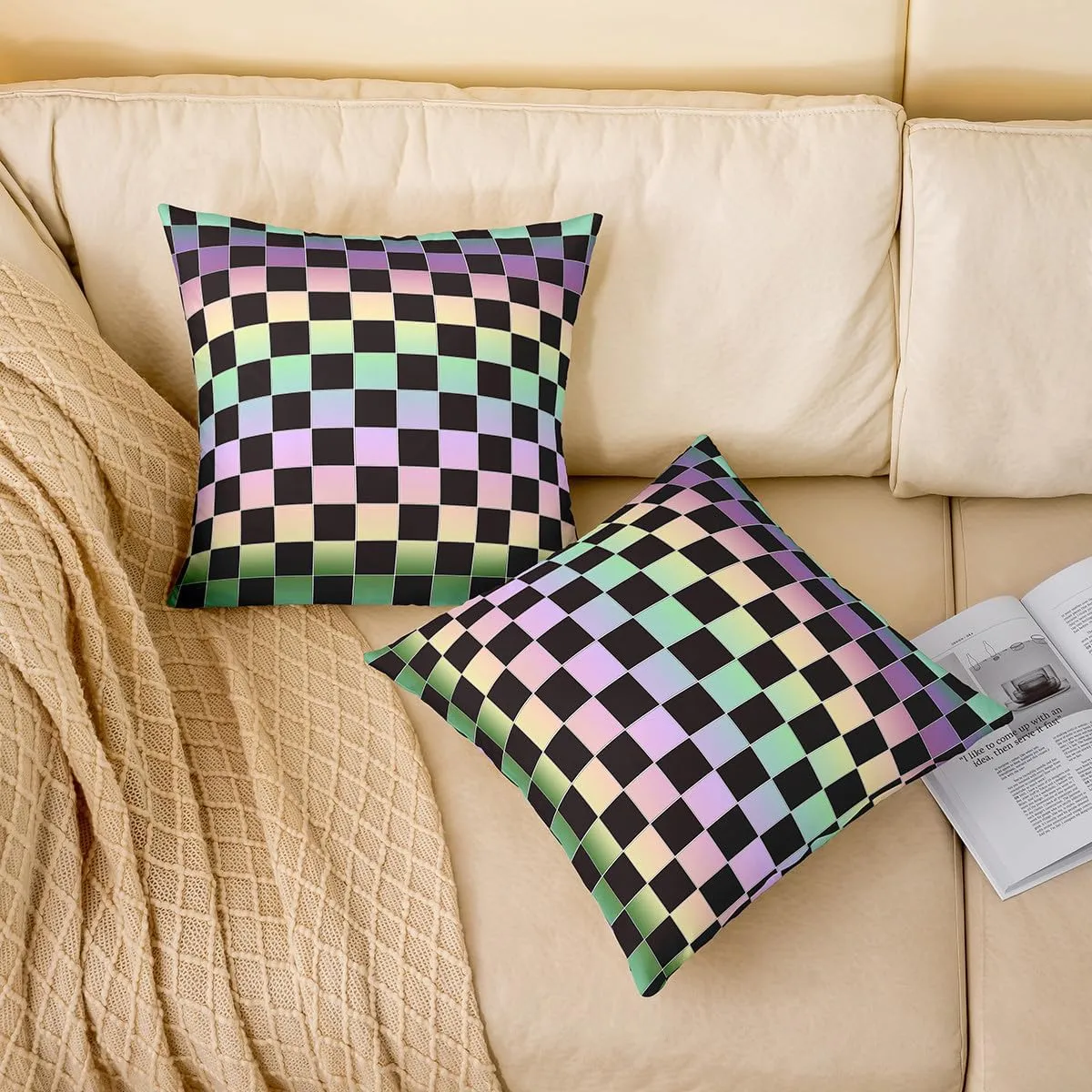 Erosebridal Ombre Grid Pillow Covers 24x24 Inch Set of 2,Buffalo Plaid Throw Pillow Covers,Green Yellow Purple Checkered Decorative Accent Pillow Cases,Geometry Gradient Pillow Inserts Not Included