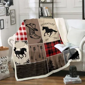 Erosebridal Rustic Patchwork Fleece Blanket Queen Size, Retro Horse Throw Blanket for Kids Teens, Checkered Plaid Sherpa Blanket Southwestern Riding Boots Horseshoe Flannel Blanket Farmhouse Decor