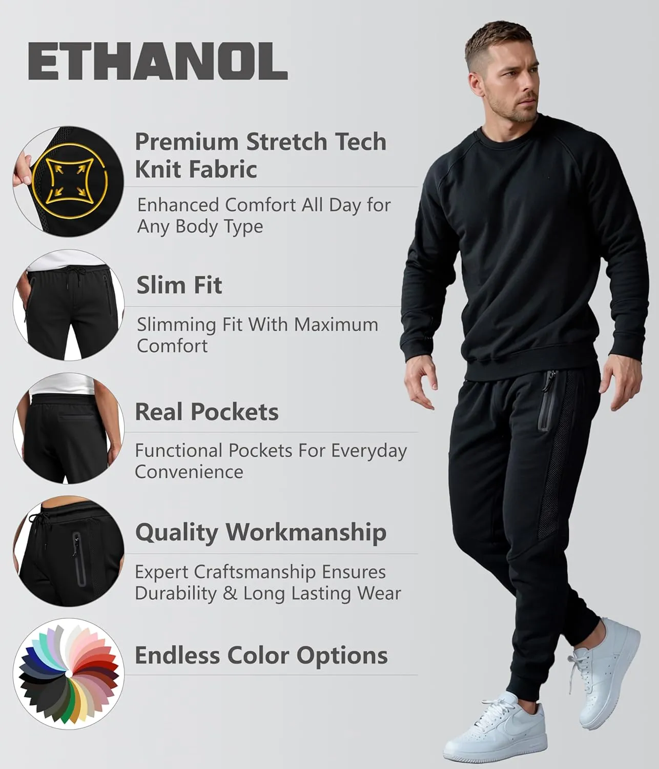 ETHANOL Mens Super Comfy Stretch Tech Knit Sweatpants Jogger with Mesh Panel Heatseal Zipper