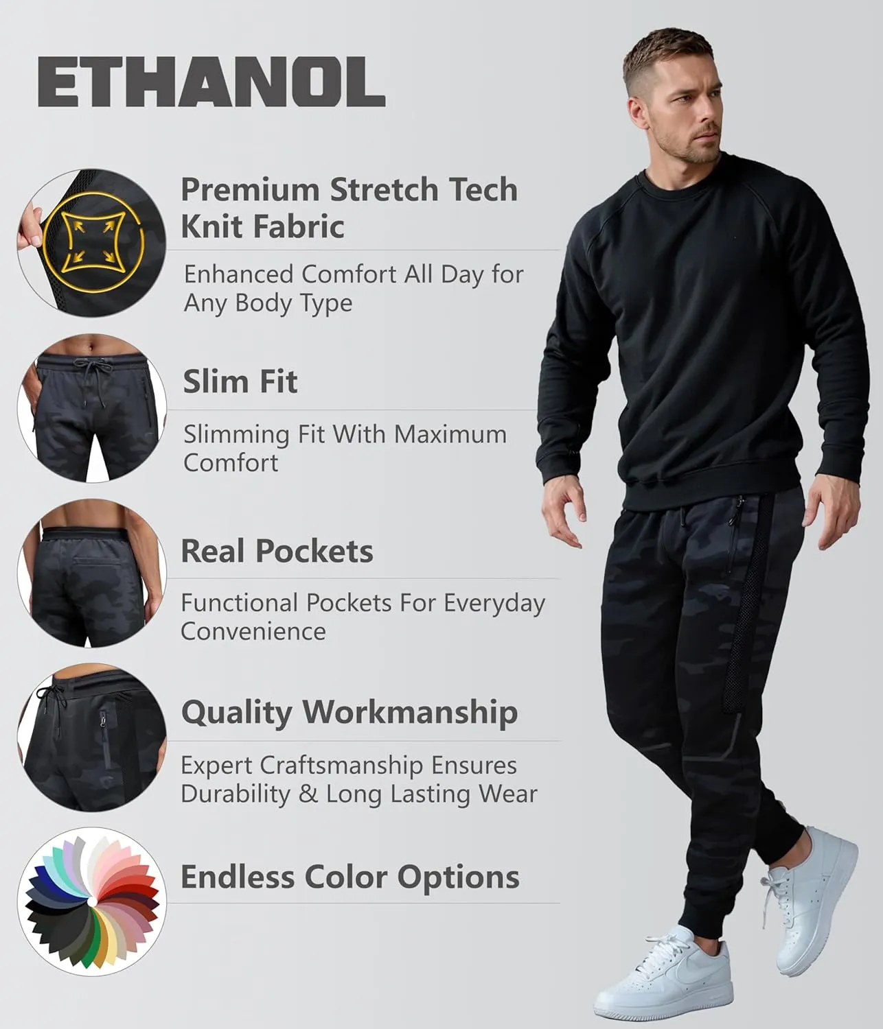ETHANOL Mens Super Comfy Stretch Tech Knit Sweatpants Jogger with Mesh Panel Heatseal Zipper