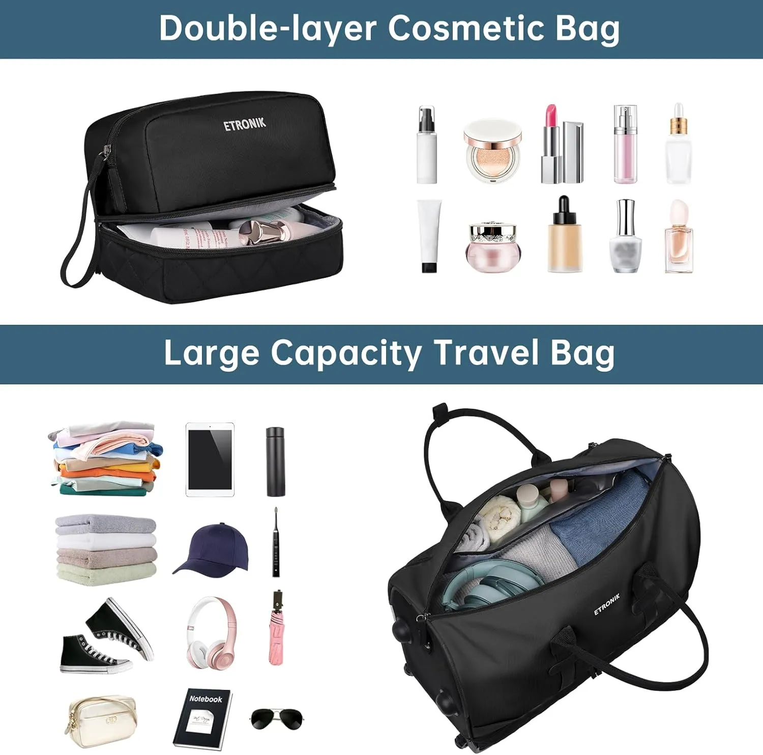 ETRONIK Rolling Duffle Bag with Wheels, 21 Inch Flight Approved Duffle Bag for Travel with Toiletry Bag, Carry on Luggage Weekender Bags for Women with Shoe Compartment, Black