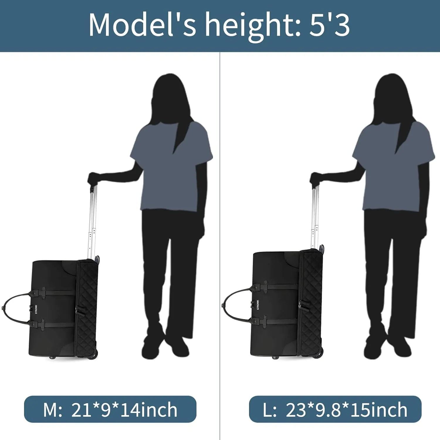 ETRONIK Rolling Duffle Bag with Wheels, 21 Inch Flight Approved Duffle Bag for Travel with Toiletry Bag, Carry on Luggage Weekender Bags for Women with Shoe Compartment, Black