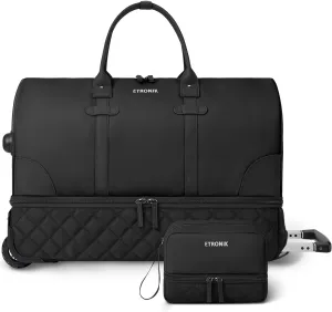 ETRONIK Rolling Duffle Bag with Wheels, 21 Inch Flight Approved Duffle Bag for Travel with Toiletry Bag, Carry on Luggage Weekender Bags for Women with Shoe Compartment, Black