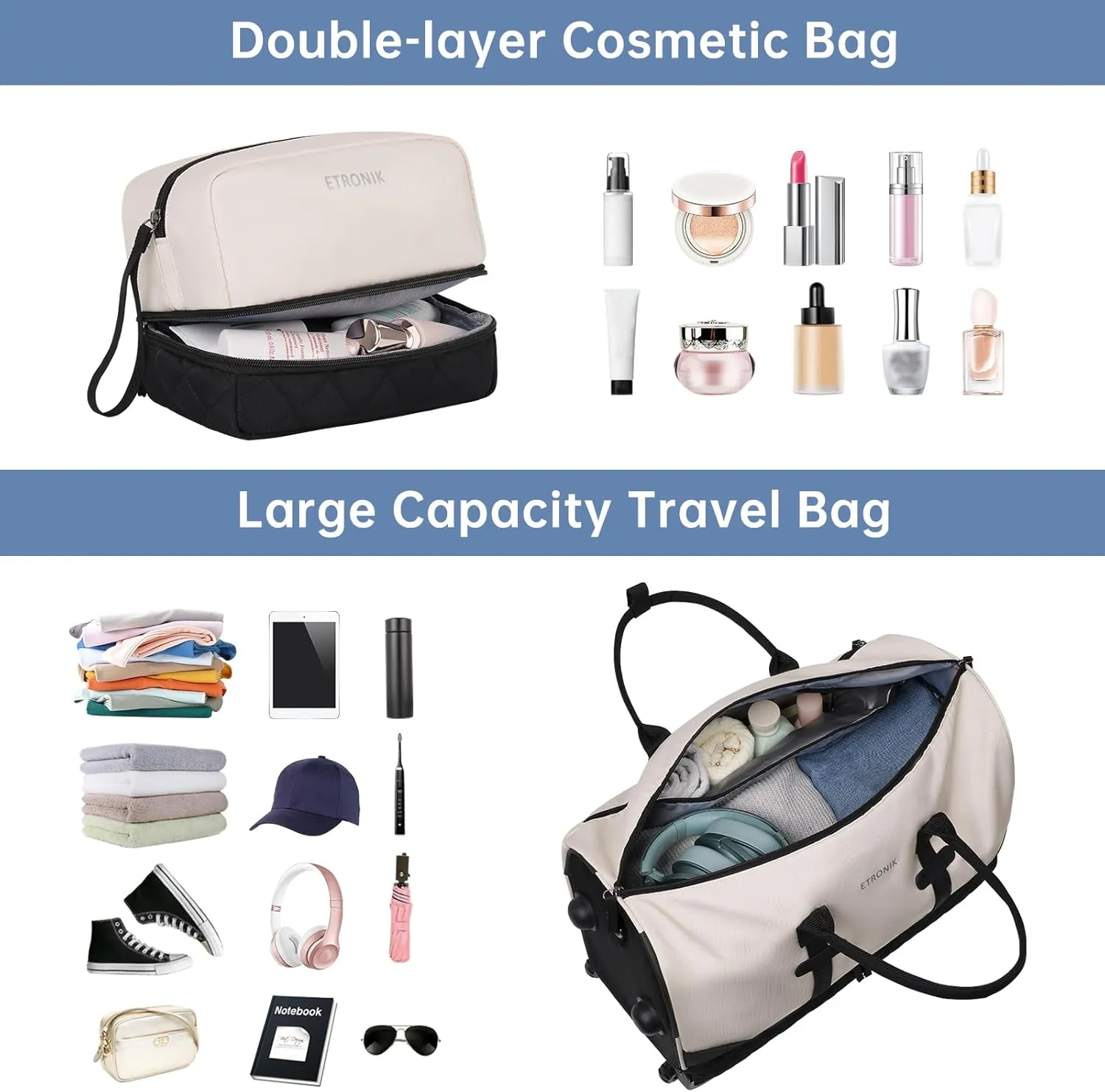 ETRONIK Rolling Duffle Bag with Wheels, 21 Inch Flight Approved for Travel with Toiletry Bag, Carry on Luggage Travel Bag for Women with Shoe Compartment, Beige