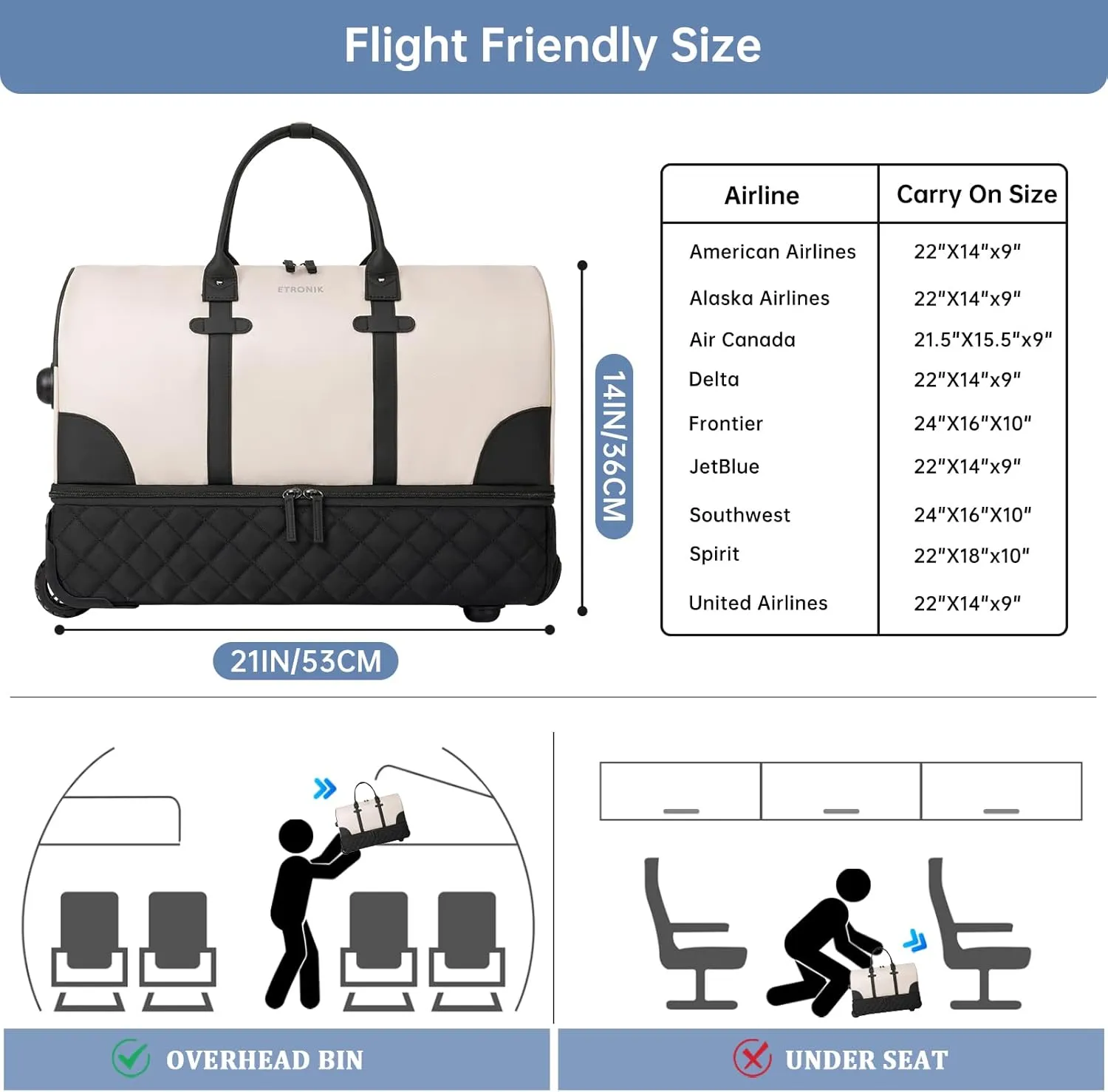 ETRONIK Rolling Duffle Bag with Wheels, 21 Inch Flight Approved for Travel with Toiletry Bag, Carry on Luggage Travel Bag for Women with Shoe Compartment, Beige