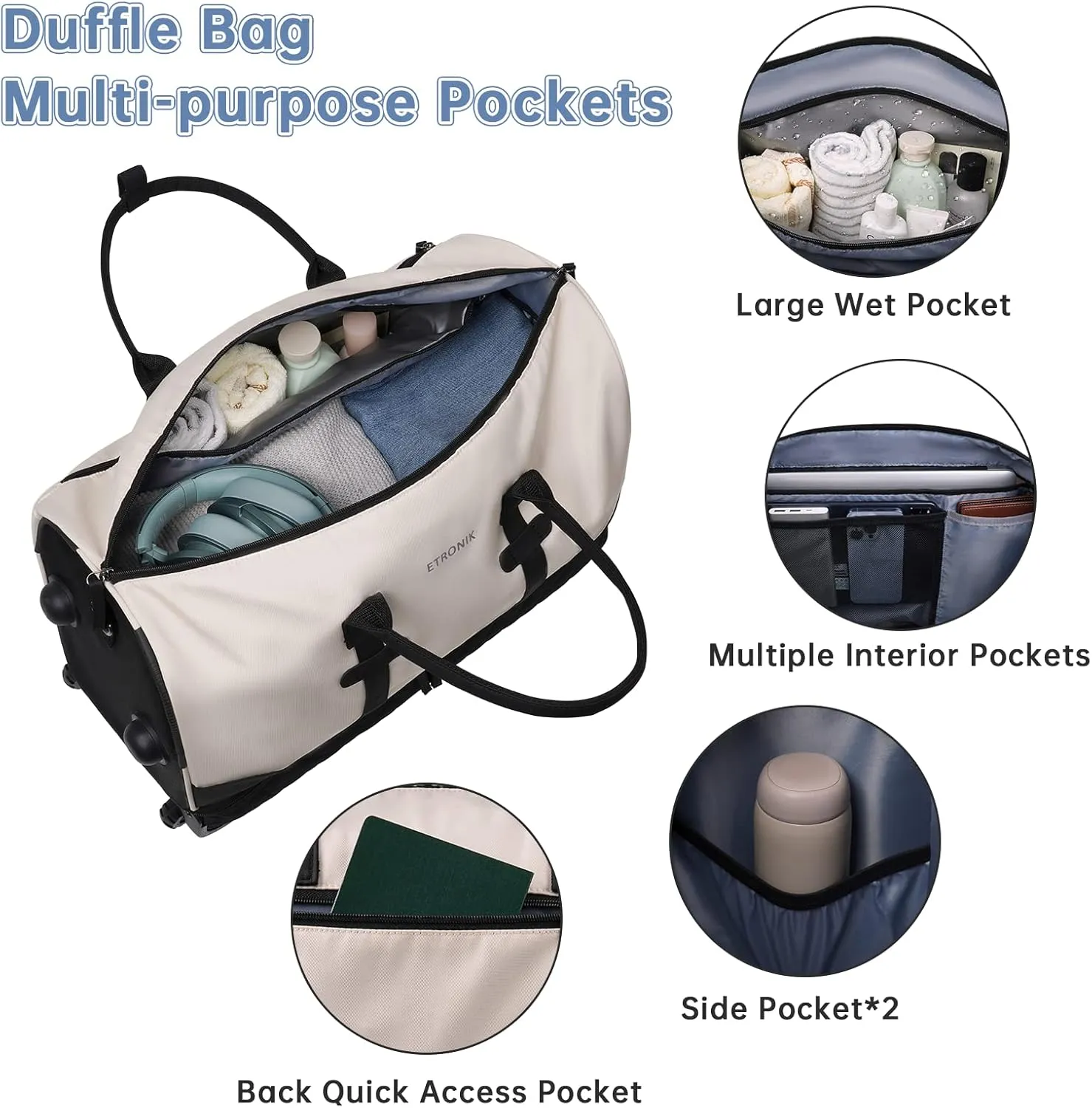 ETRONIK Rolling Duffle Bag with Wheels, 21 Inch Flight Approved for Travel with Toiletry Bag, Carry on Luggage Travel Bag for Women with Shoe Compartment, Beige