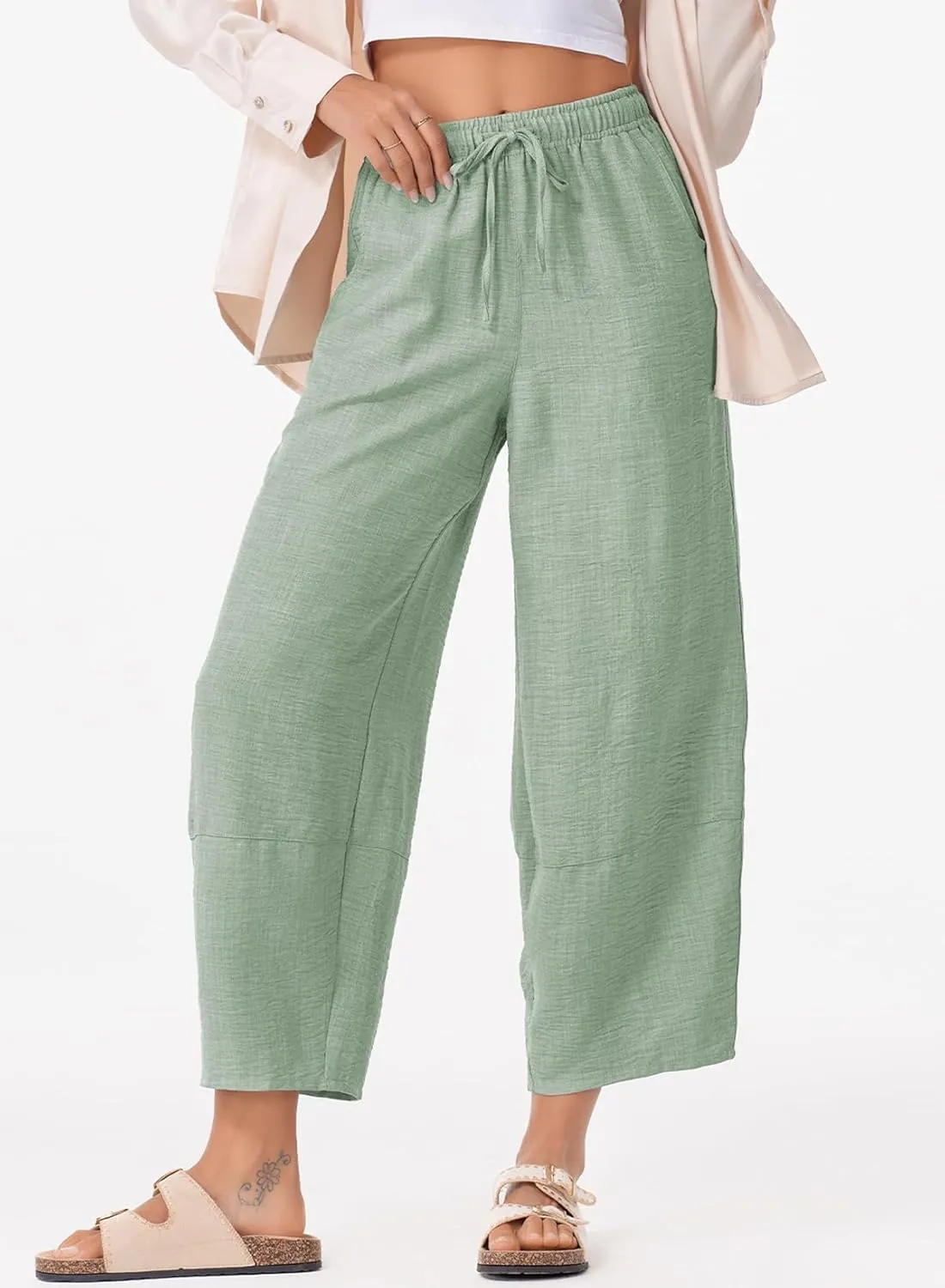 EVALESS Womens Baggy Wide Leg Pants Casual Drawstring Elastic Waisted Palazzo Harem Trousers with Pockets