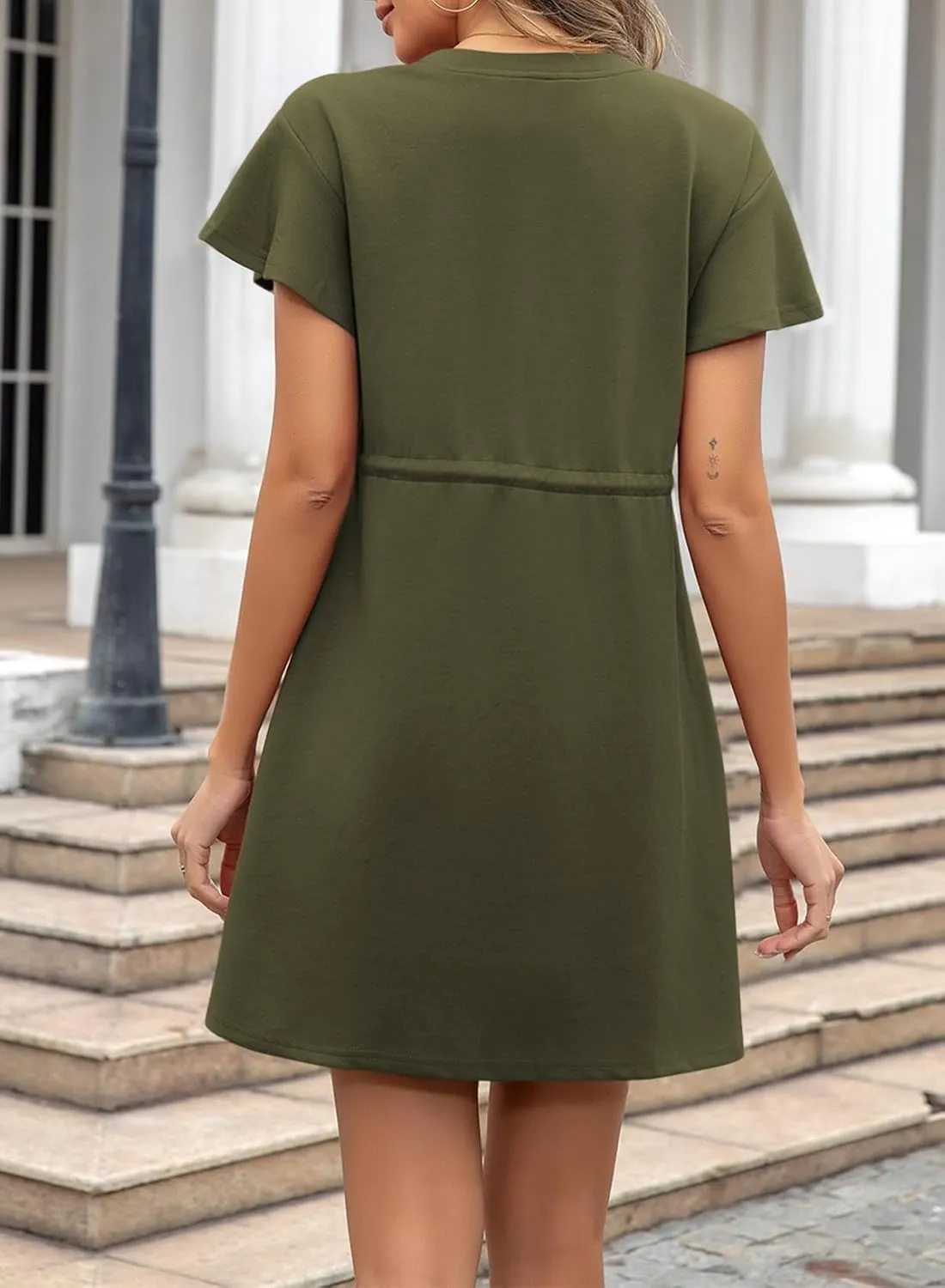 EVALESS Womens Spring Summer Dresses 2025 Casual Round Neck Ruffle Short Sleeve Flowy A Line Mini Dress with Pockets