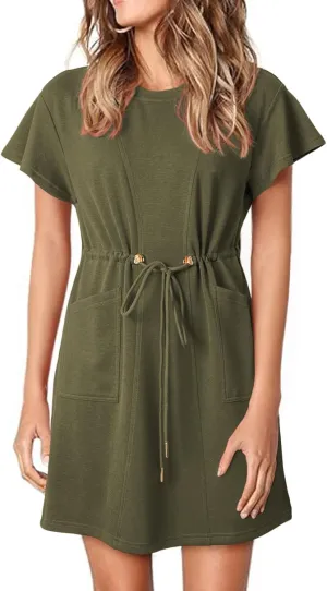 EVALESS Womens Spring Summer Dresses 2025 Casual Round Neck Ruffle Short Sleeve Flowy A Line Mini Dress with Pockets