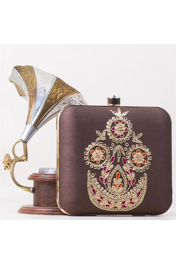 Excellent Art Silk Brown Color Clutch Purses For Function