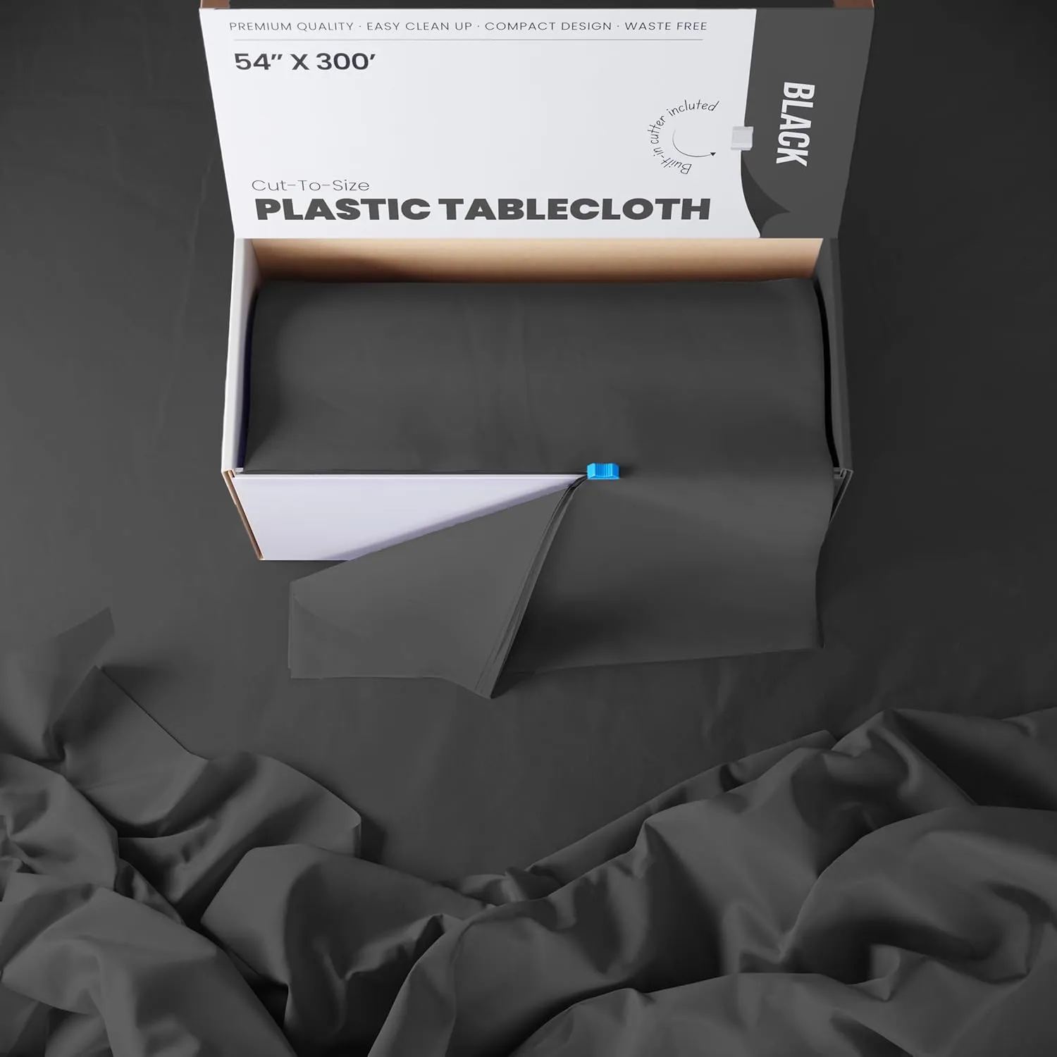Exquisite Party Solids 54 Inch X 300 Feet Black Plastic Table Cover Roll in A Cut - to - Size Box with Convenient Slide Cutter. Cuts Up to 36 Rectangle 8 Feet Plastic Disposable Tablecloths