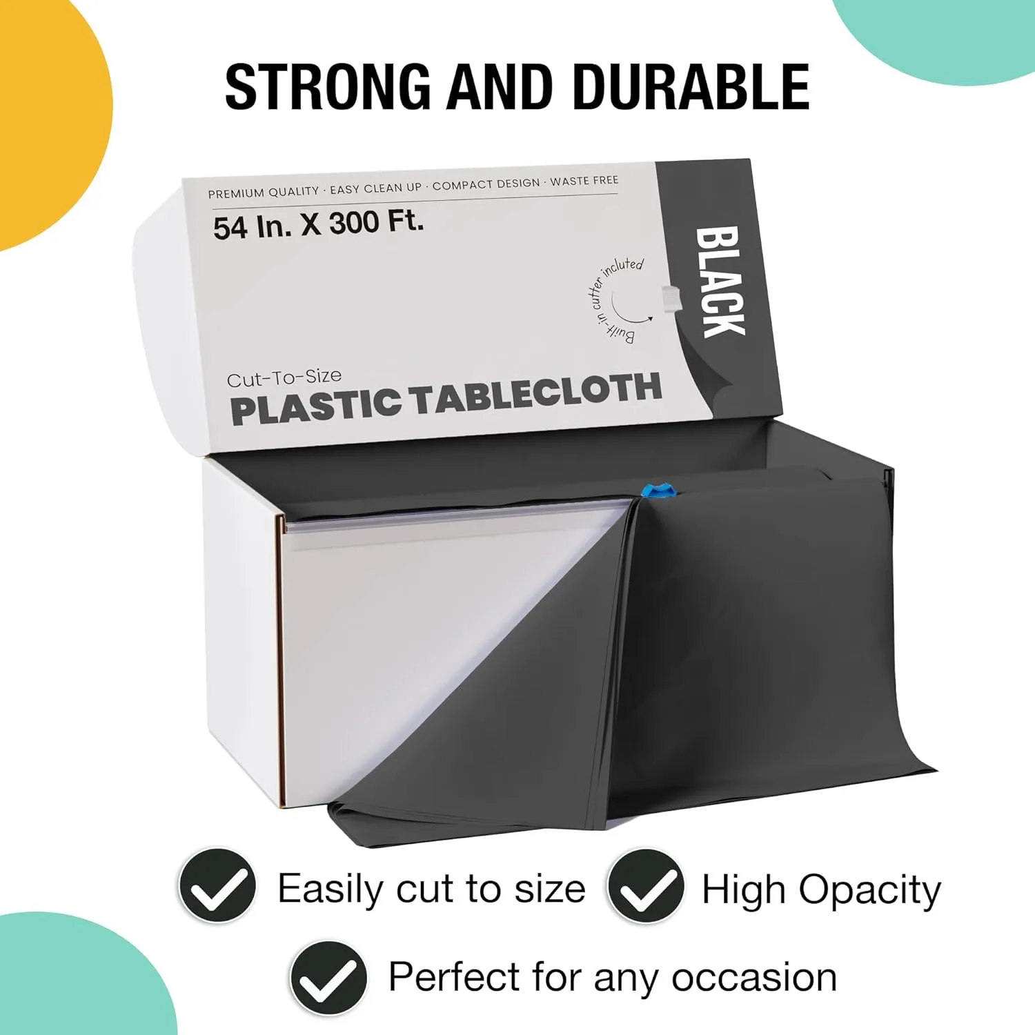 Exquisite Party Solids 54 Inch X 300 Feet Black Plastic Table Cover Roll in A Cut - to - Size Box with Convenient Slide Cutter. Cuts Up to 36 Rectangle 8 Feet Plastic Disposable Tablecloths