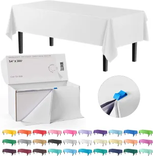 Exquisite Party Solids 54 Inch X 300 Feet White Plastic Table Cover Roll in A Cut - to - Size Box with Convenient Slide Cutter. Cuts Up to 36 Rectangle 8 Feet Plastic Disposable Tablecloths