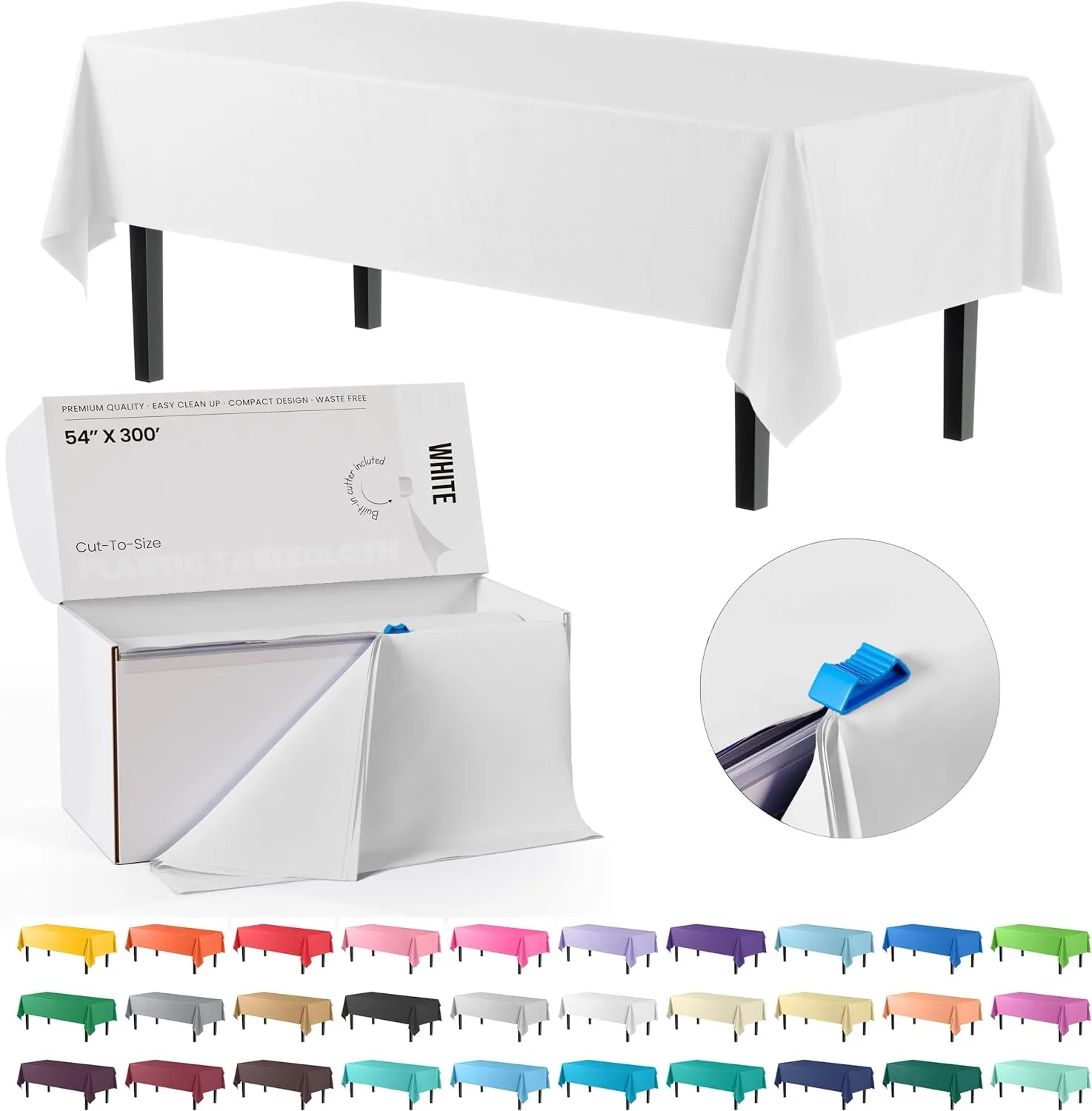 Exquisite Party Solids 54 Inch X 300 Feet White Plastic Table Cover Roll in A Cut - to - Size Box with Convenient Slide Cutter. Cuts Up to 36 Rectangle 8 Feet Plastic Disposable Tablecloths