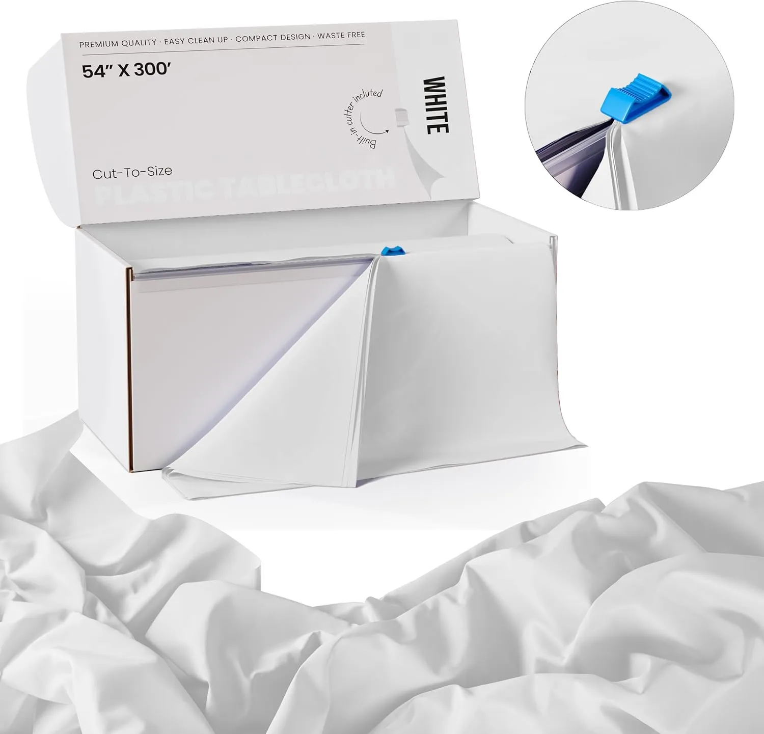 Exquisite Party Solids 54 Inch X 300 Feet White Plastic Table Cover Roll in A Cut - to - Size Box with Convenient Slide Cutter. Cuts Up to 36 Rectangle 8 Feet Plastic Disposable Tablecloths