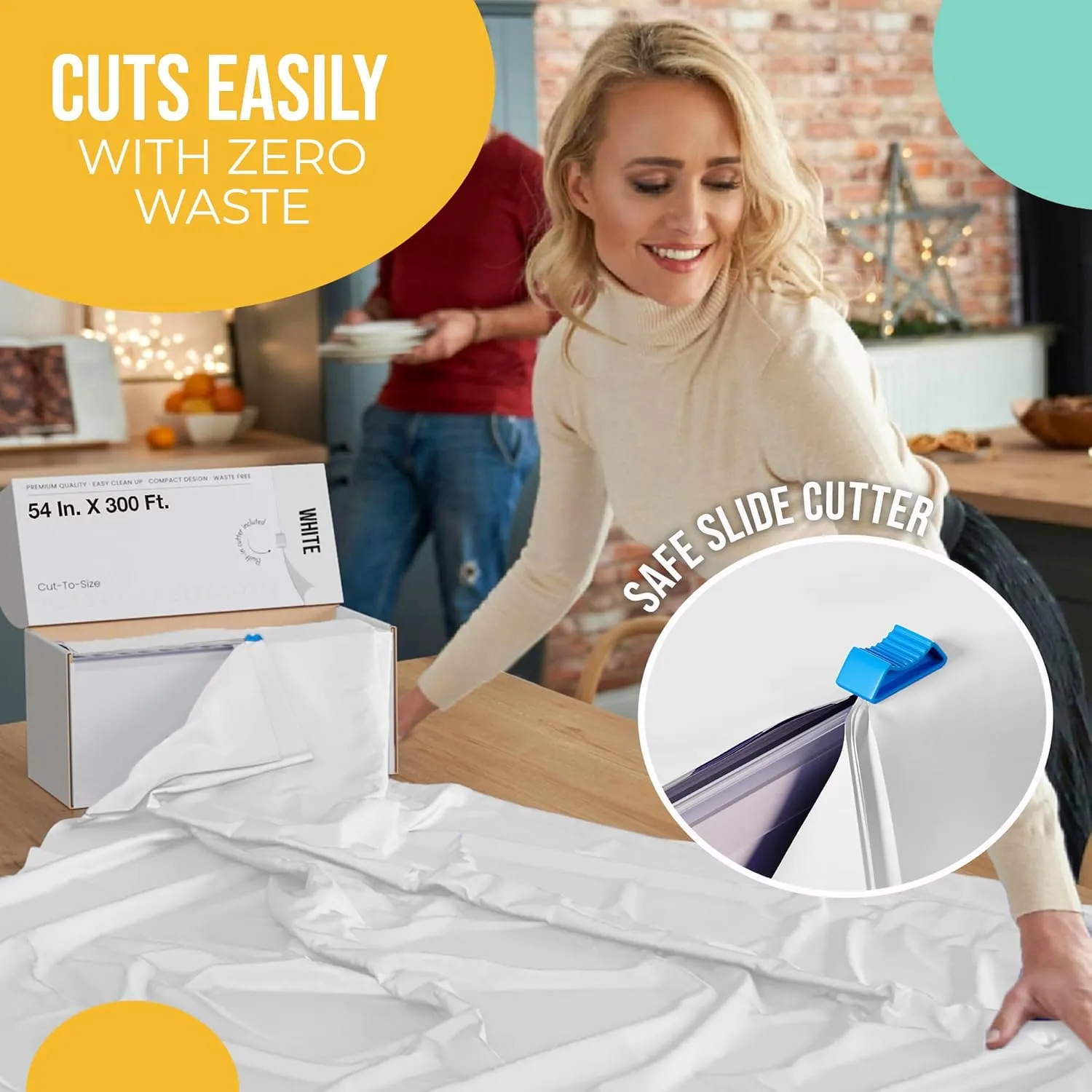 Exquisite Party Solids 54 Inch X 300 Feet White Plastic Table Cover Roll in A Cut - to - Size Box with Convenient Slide Cutter. Cuts Up to 36 Rectangle 8 Feet Plastic Disposable Tablecloths