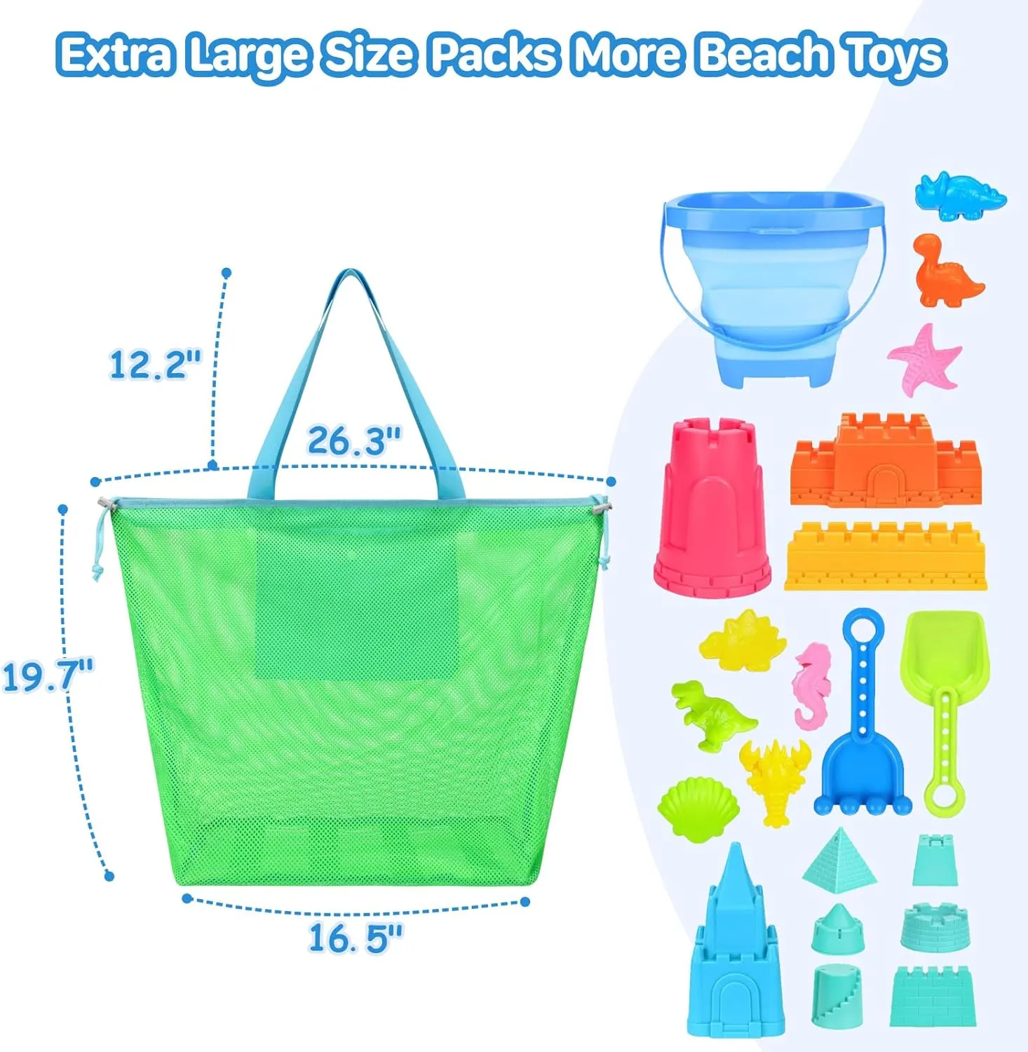 Extra Large Mesh Beach Toy Bag With Drawstring - Lightweight Tote for Sand Toys, Children's Storage Bag for Travel Essentials, Neon Green