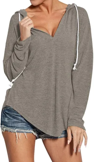 Ezcosplay Women Deep V Neck Solid Pullover Drawstring Loose Sweatshirt Hoodies