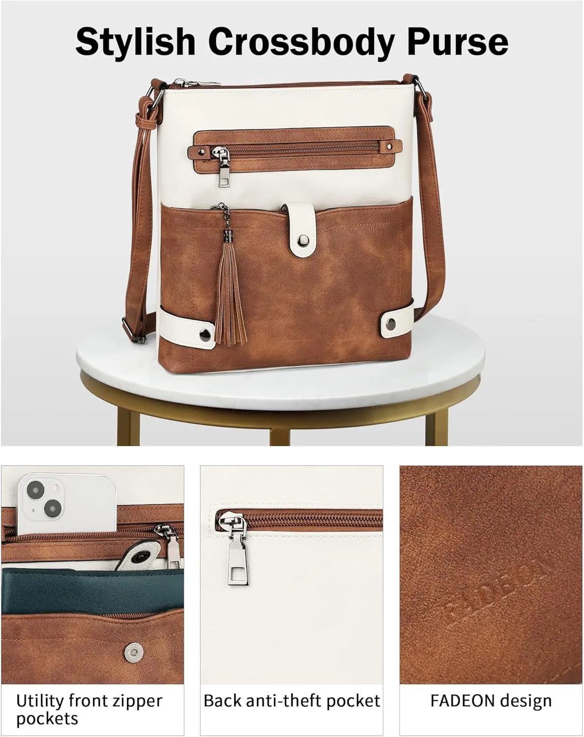 FADEON Crossbody Purses for Women Crossbody Bag, Designer Multi Pockets Shoulder Travel Purses with Tassel