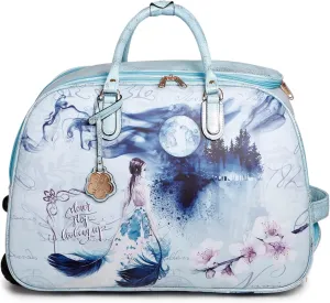 Fairy Tale Leather Travel Duffle Bag with Wheel - Women's Rolling Overnight Luggage Tote with Artistic Design (Blue)