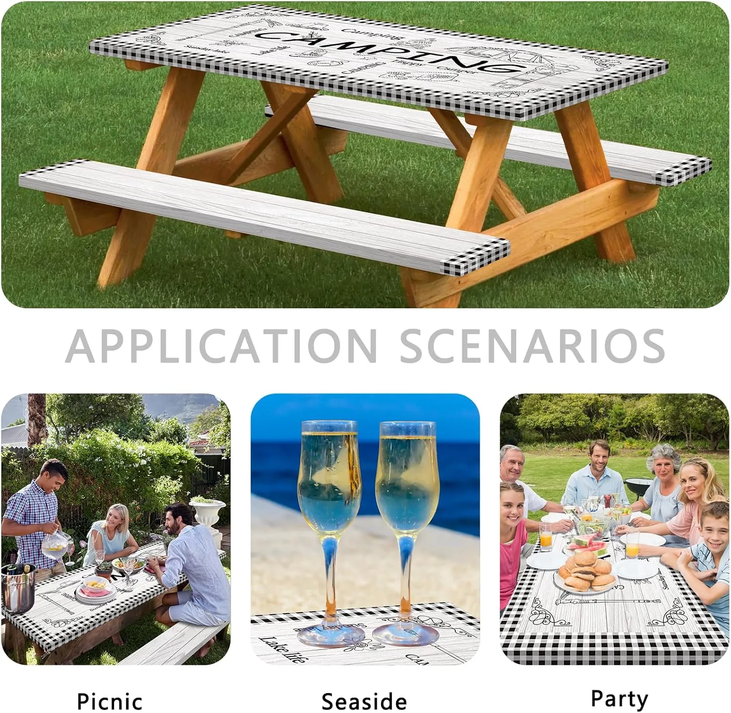 famibay 3 Piece Picnic Table Cover with Bench Covers Checkered Camping Tablecloth Fitted Picnic Table Covers with Elastic Windproof Waterproof Fabric Reusable Camping Table Covers(12" x72" 30" x72")