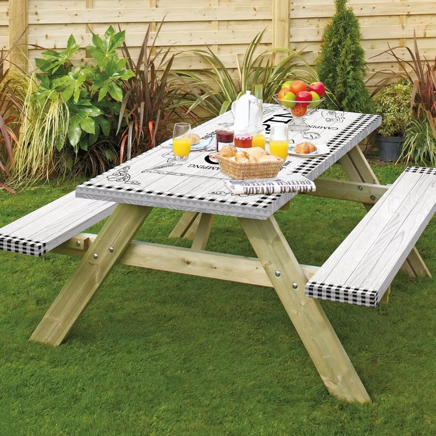 famibay 3 Piece Picnic Table Cover with Bench Covers Checkered Camping Tablecloth Fitted Picnic Table Covers with Elastic Windproof Waterproof Fabric Reusable Camping Table Covers(12" x72" 30" x72")
