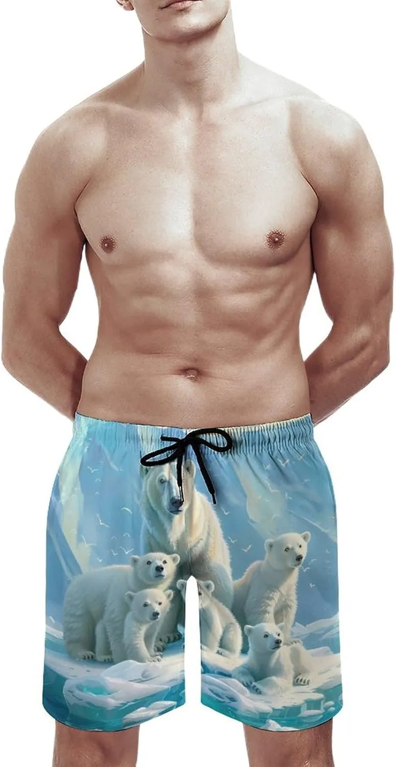 Family Polar-Bear Casual Men's Swim Trunks Funny Summer Beach Shorts Swimwear with Pocket