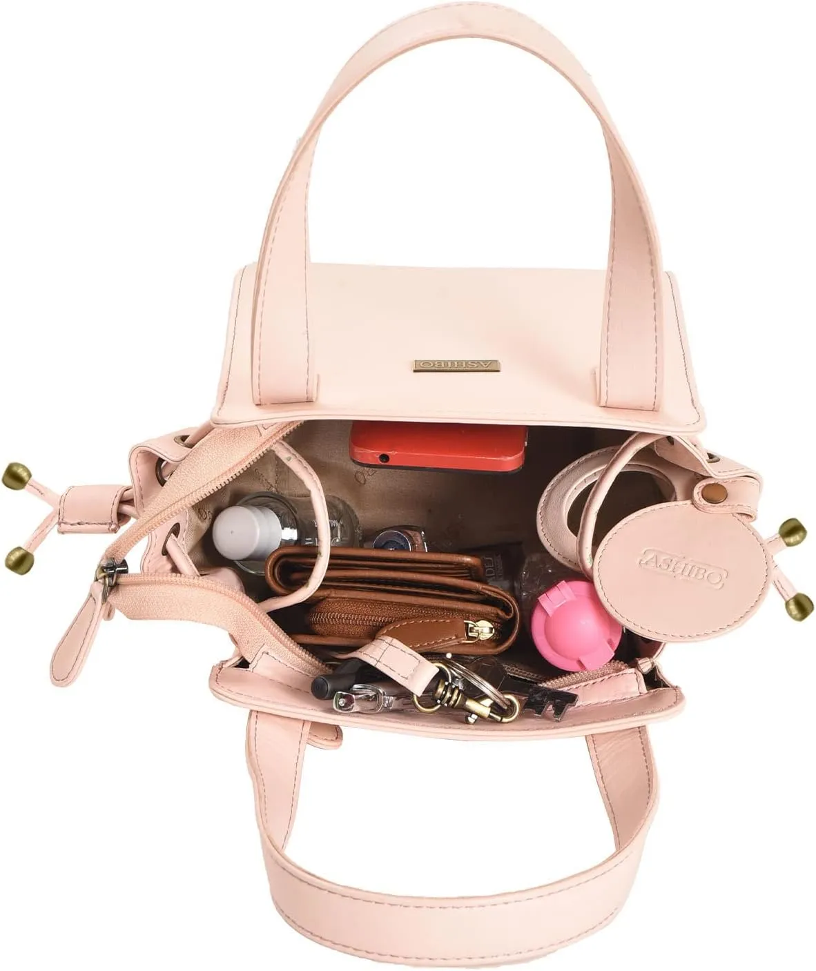 Fashion Drawstring Handbag For Womens Nappa Flat Genuine Leather With Zipperd Pocket Closure & Makeup Mirror
