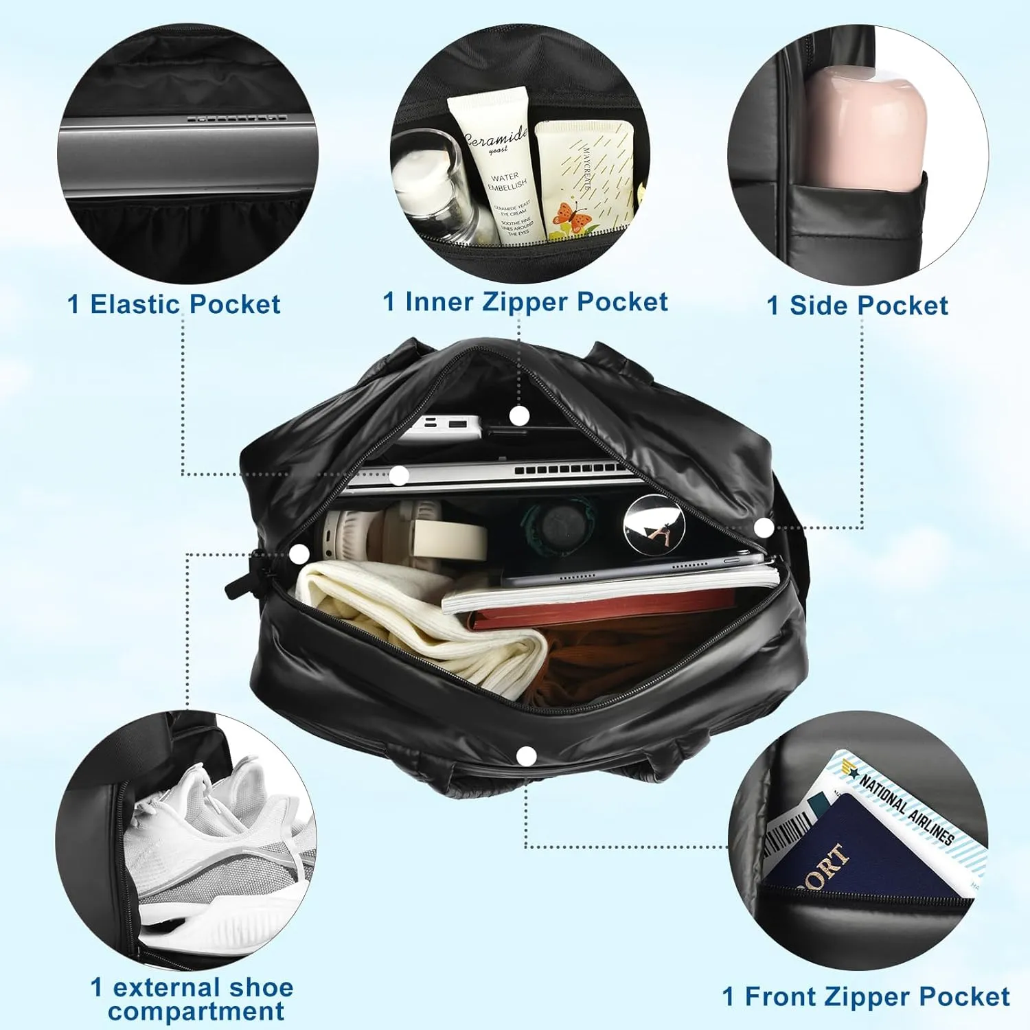 Felipe Varela Puffer Travel Duffle Bag, Gym Bag for Women with Shoe Compartment, Lightweight Tote Weekender Overnight Carry on Duffel Bags for Travel, Airplanes(Black,19L)