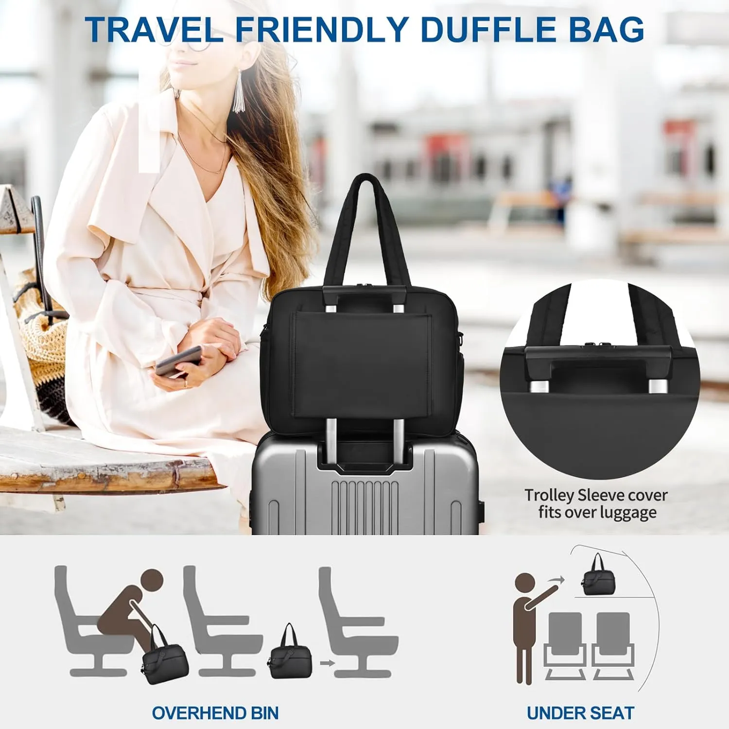 Felipe Varela Puffer Travel Duffle Bag, Gym Bag for Women with Shoe Compartment, Lightweight Tote Weekender Overnight Carry on Duffel Bags for Travel, Airplanes(Black,19L)