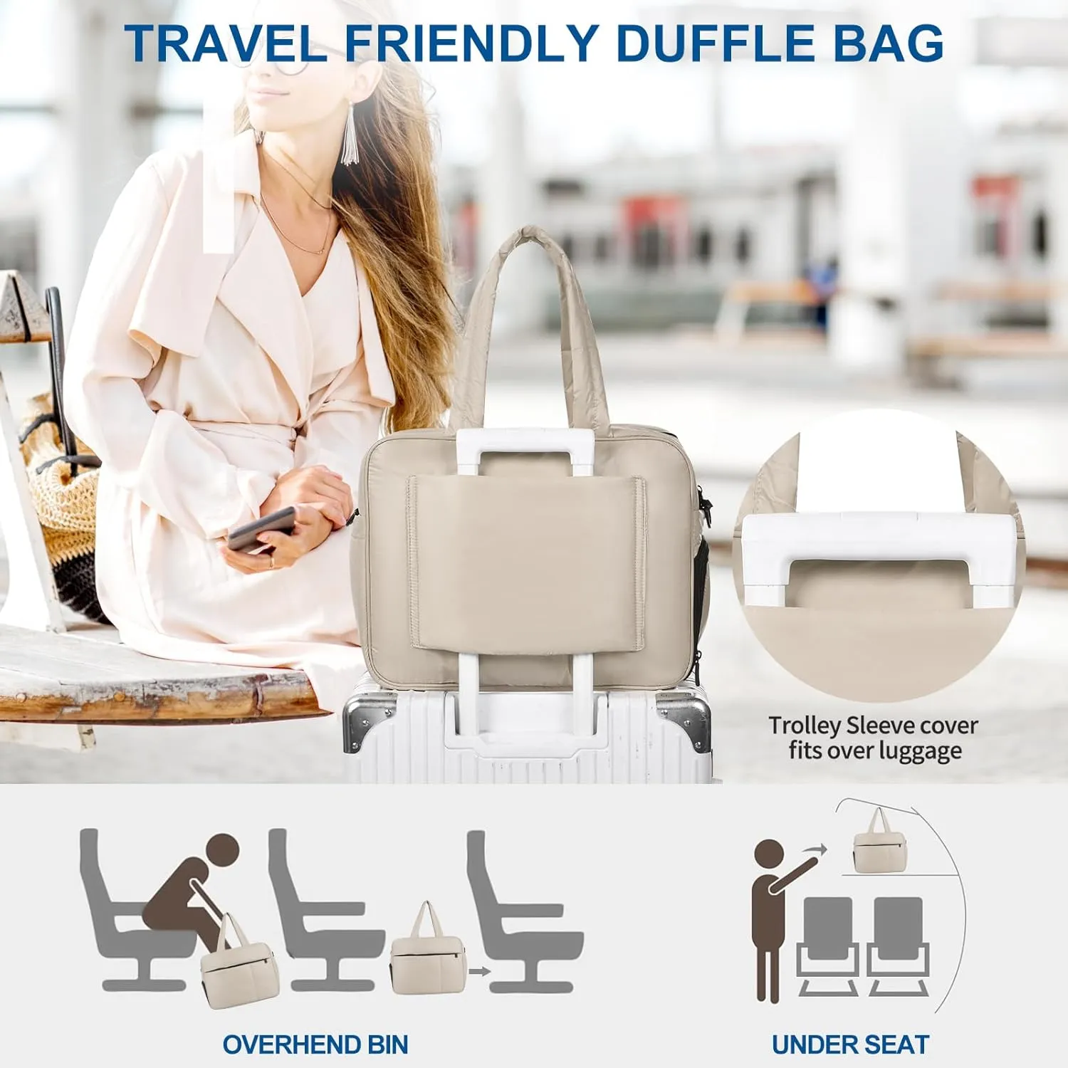 Felipe Varela Puffer Travel Duffle Bag, Gym Bag for Women with Shoe Compartment, Lightweight Tote Weekender Overnight Carry on Duffel Bags for Travel, Airplanes(Camel,19L)