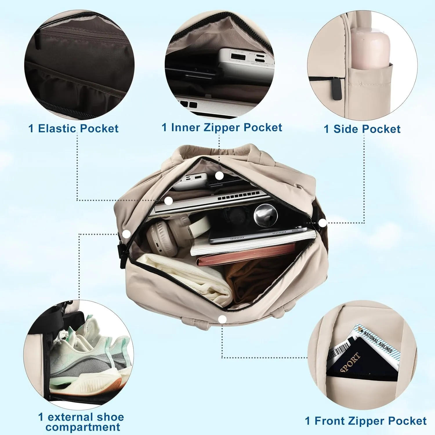 Felipe Varela Puffer Travel Duffle Bag, Gym Bag for Women with Shoe Compartment, Lightweight Tote Weekender Overnight Carry on Duffel Bags for Travel, Airplanes(Camel,19L)