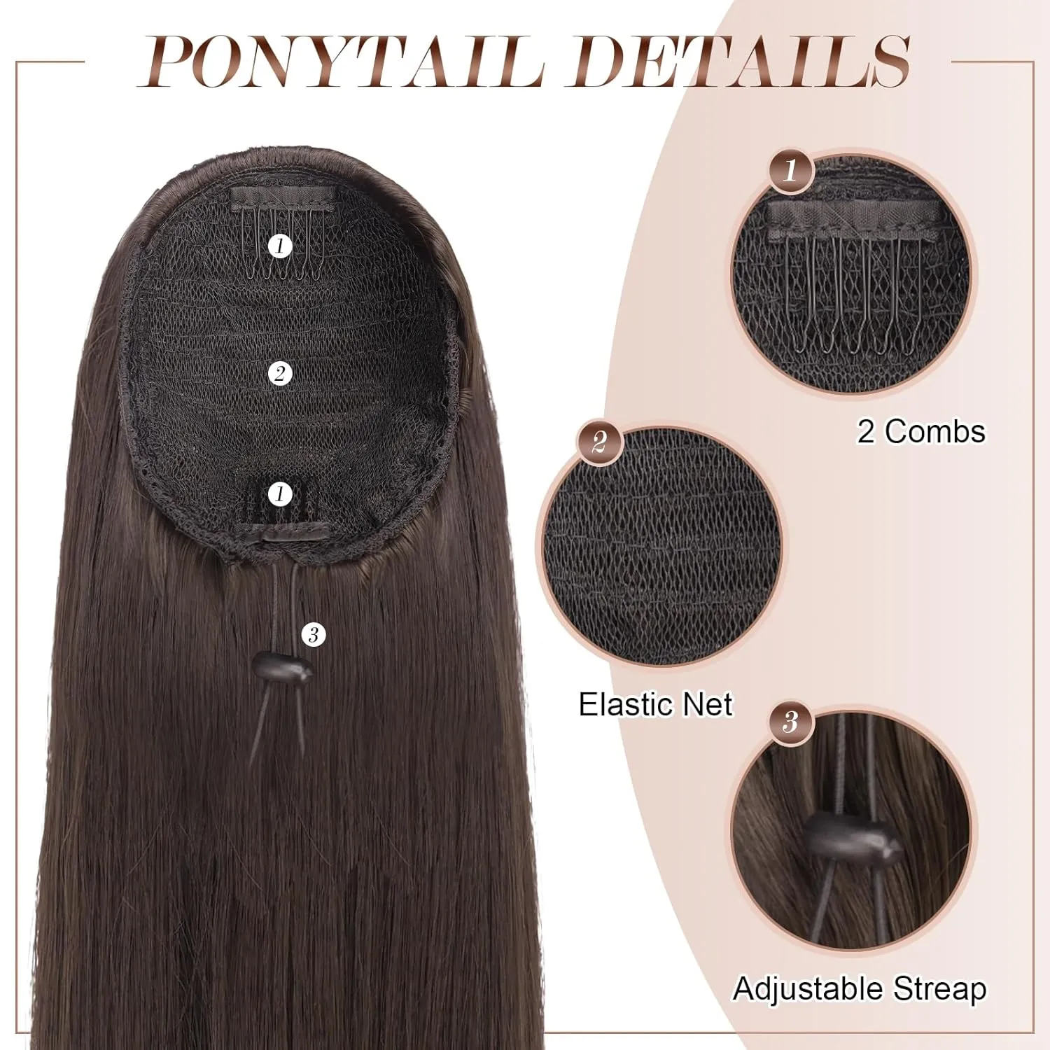 FESHFEN Drawstring Ponytail Extensions Long Straight Clip in Pony Tails Synthetic Hair Pieces Ponytails Hairpieces for Women, Brown 24 inch