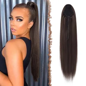 FESHFEN Drawstring Ponytail Extensions Long Straight Clip in Pony Tails Synthetic Hair Pieces Ponytails Hairpieces for Women, Brown 24 inch
