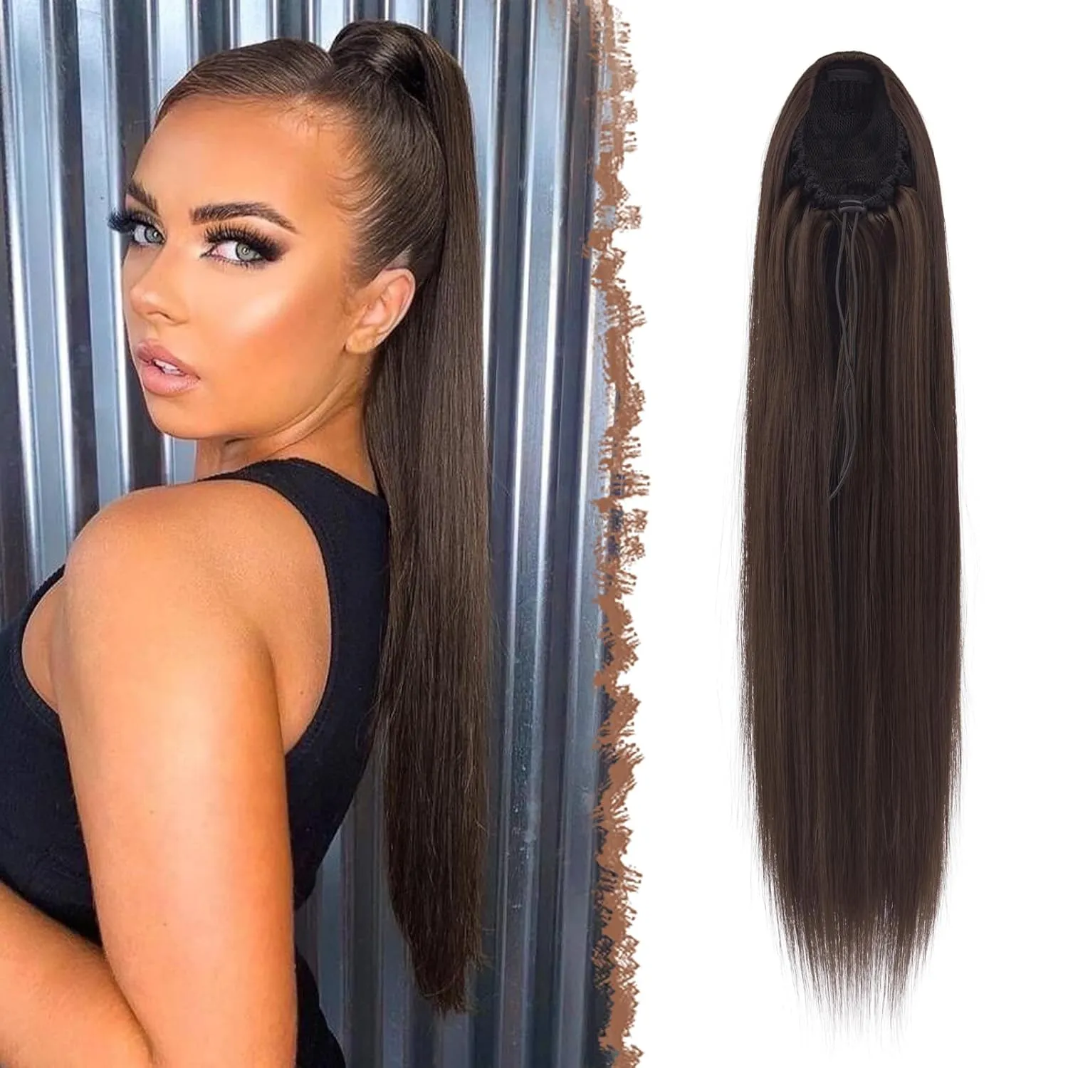 FESHFEN Drawstring Ponytail Extensions Long Straight Clip in Pony Tails Synthetic Hair Pieces Ponytails Hairpieces for Women, Brown 24 inch