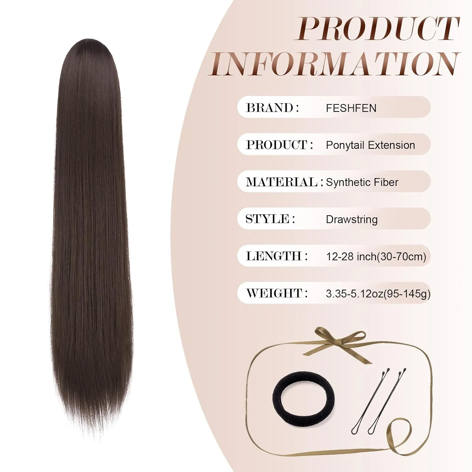 FESHFEN Drawstring Ponytail Extensions Long Straight Clip in Pony Tails Synthetic Hair Pieces Ponytails Hairpieces for Women, Brown 24 inch