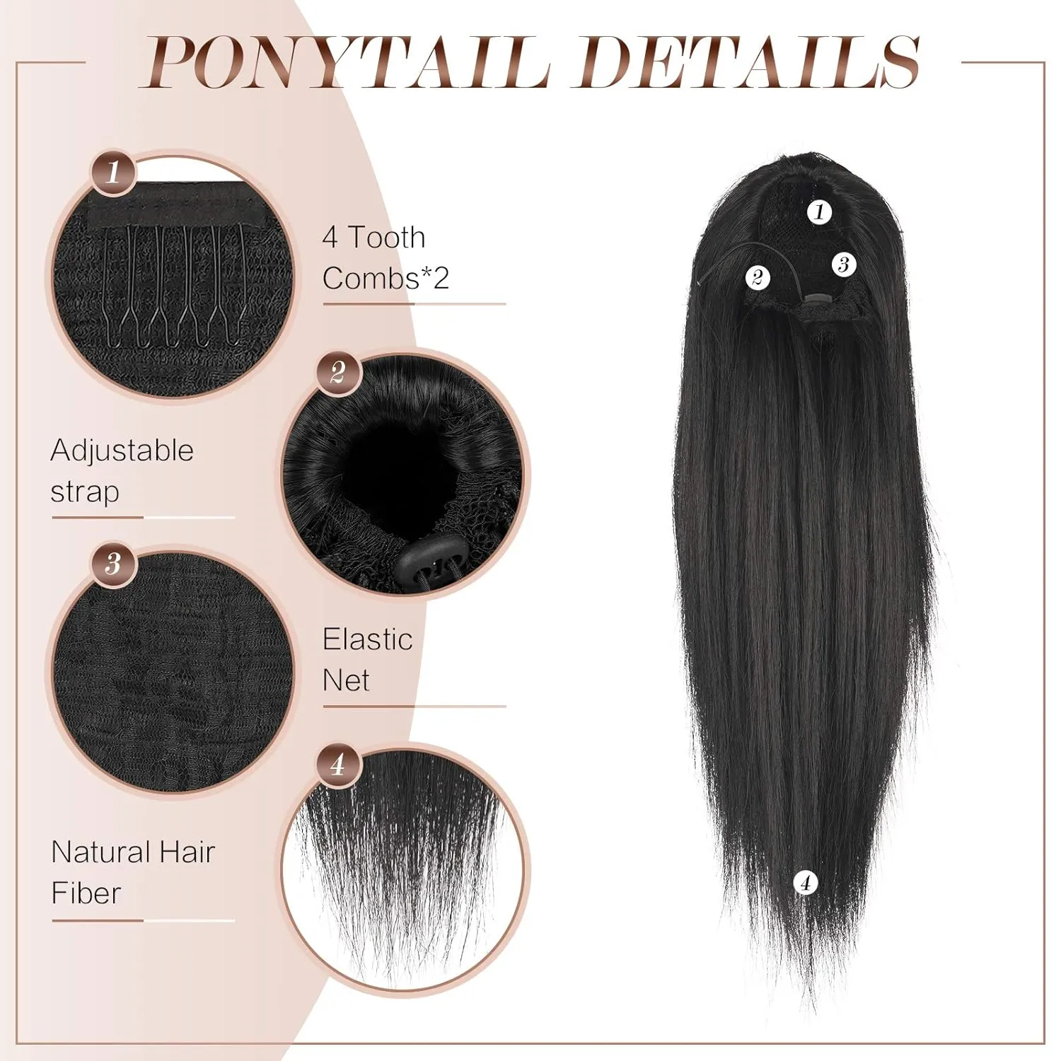 FESHFEN Straight Ponytail Extensions Drawstring Pony Tail Hair Pieces Synthetic Ponytails Hairpieces for Women, Darkest Brown 12 inch