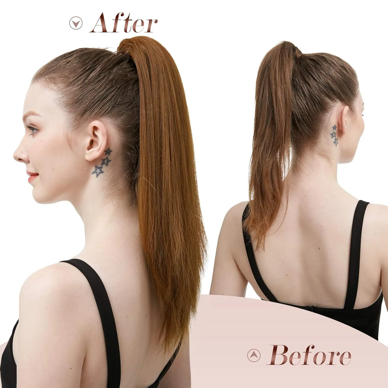 FESHFEN Straight Ponytail Extensions Drawstring Pony Tail Hair Pieces Synthetic Ponytails Hairpieces for Women, Darkest Brown 12 inch