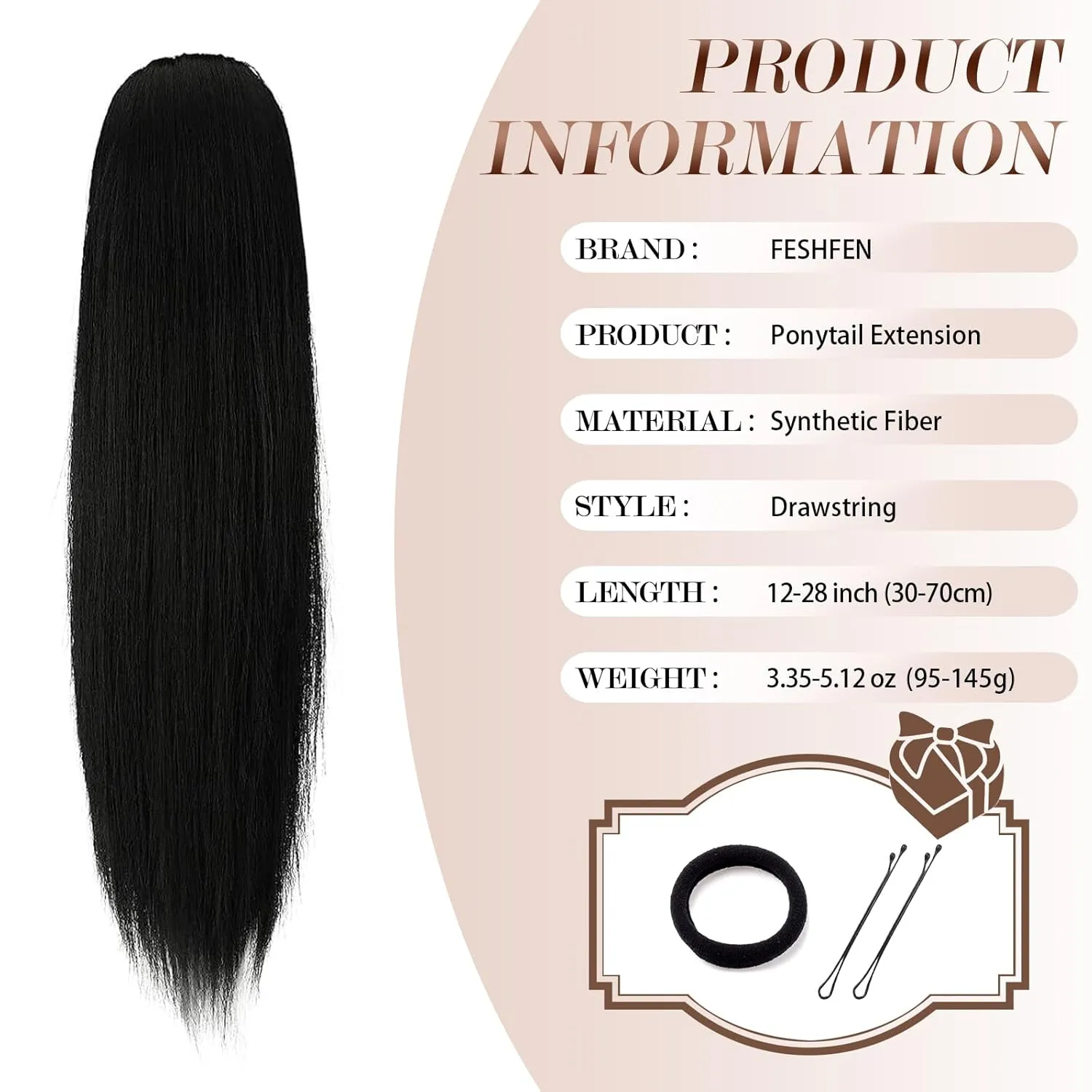 FESHFEN Straight Ponytail Extensions Drawstring Pony Tail Hair Pieces Synthetic Ponytails Hairpieces for Women, Darkest Brown 12 inch