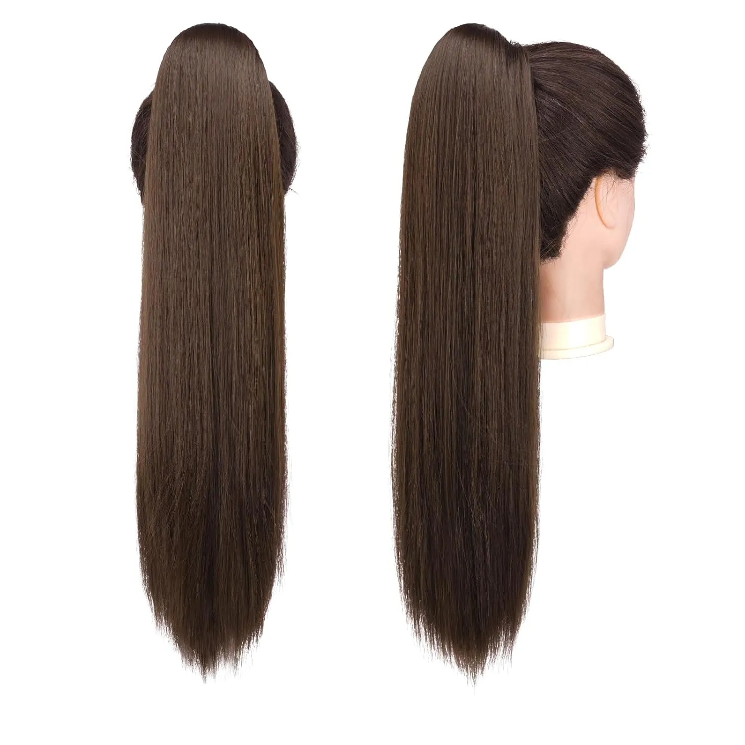 FESHFEN Straight Ponytail Extensions Long Drawstring Pony Tails Natural Synthetic Hairpiece Clip in Ponytails Hairpieces for Women, Light Brown 24 inch
